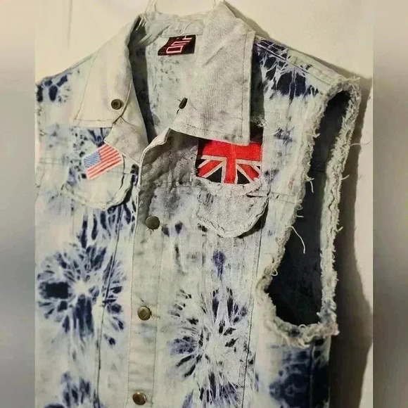 🛑 Hudson Mens Vintage Distressed Blue Denim Tie Dye Wash Biker Vest Large - Picture 2 of 6